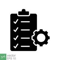 Clipboard with gear icon. Simple solid style. Project plan, document, compliant, task check list, cog, management concept. Glyph vector illustration isolated on white background. EPS 10.