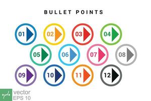 Direction number bullet points from one to twelve. Simple flat style. Number with arrow for list and tag infographic. Vector illustration isolated on white background. EPS 10.