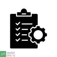 Clipboard with gear icon. Simple solid style. Project plan, document, compliant, task check list, cog, management concept. Glyph vector illustration isolated on white background. EPS 10.