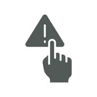 Index finger touch triangle warning symbol with exclamation mark inside for no manage hand sign. Finger, gesture, hand, interaction, warning icon Vector illustration solid, glyph style. EPS 10