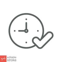 Check mark on clock icon. Simple outline style. Real time protection, perfect hour, circle watch, timer concept. Thin line vector illustration isolated on white background. Editable stroke EPS 10.