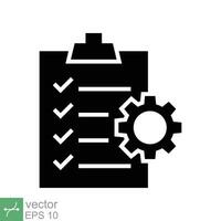 Clipboard with gear icon. Simple solid style. Project plan, document, compliant, task check list, cog, management concept. Glyph vector illustration isolated on white background. EPS 10.