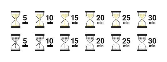 Hourglass timer icons. Cooking time icons. Cosmetic or chemical application time. Vector scalable graphics