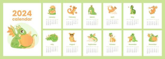 Monthly calendar for 2024 with flat illustrations of funny dragon character. vector