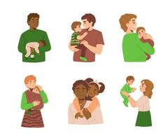 Happy parents and kids hugging, set of flat vector isolated illustrations.