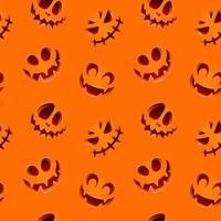 Seamless pattern with orange background and carved pumpkin faces. vector