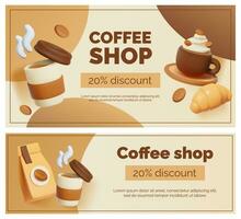 Banner for Coffee shop with 3D illustrations of a paper coffee cup, a cup of coffee, a croissant and coffee beans. vector