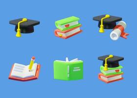 Set of 3D vector icons with books and graduation cap on a blue background.