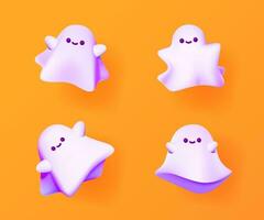 Set of cute smiling 3D ghosts on an orange background. vector