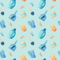 Cleaning tools seamless pattern on a blue background. vector