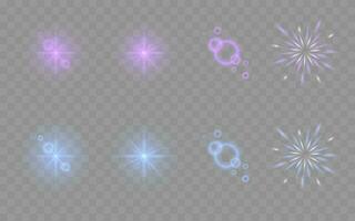 Set of the starlight elements, light, spotlight. Glow isolated purple and blue transparent light effect, explosion, line, sun flash, spark and stars, shiny glints, sunbeams, vector illustration