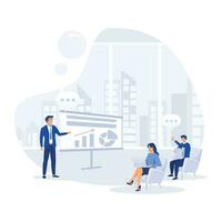 Business coach speaking in front of audience. Mentor presenting charts and reports on seminar, training, presentation or conference, flat vector modern illustration