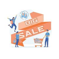 Big Discount, Promo Concept. Big sale with small happy characters. flat vector modern illustration