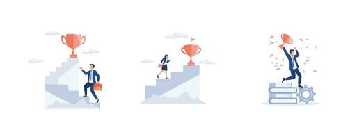empresario participación trofeo taza en pie en el escalera, mujer de negocios alpinismo escalera a dorado trofeo, éxito y profesional logro, conjunto plano vector moderno ilustración