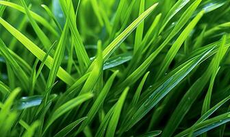 Fresh lush green grass on meadow with drops of water dew. Close-up macro. Generative AI tools photo