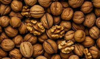 Walnut heap background. Kernels nuts wallpaper. For banner, postcard, illustration. Created with generative AI tools photo