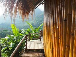 The bamboo cottage thai style with mountains background. Homestay at Doi luang Chiang Dao, Chiang Mai, Thailand photo