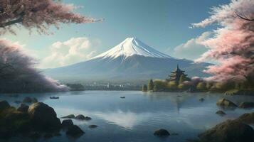 A large mountain with a snow cap at the top in japan with cherry blossoms in the background of a cystic lake landscape. AI generated photo