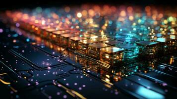 Computer futuristic high tech circuit board with microcircuits and electronic chips with transistors and resistors. AI generated photo