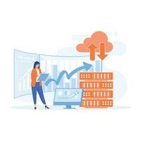 Big Data and Cloud Computing, Business characters using remote servers to analyzing large sets of data and recognizing mistakes, flat vector modern illustration