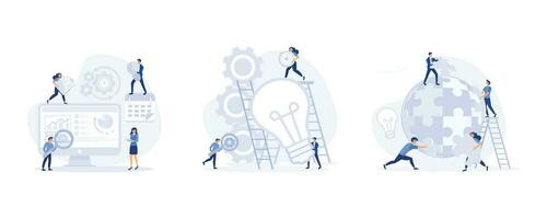 Team Work with Boss, teamwork on finding new ideas, Teamwork Cooperation, Collective Work, Partnership Concept, set flat modern vector illustration