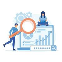 business finance investment concept, people working for data analytics and monitoring on web report dashboard monitor, flat vector modern illustration