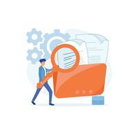 File manager, data storage and indexing. Workers searching file uses magnifying glass.  flat vector modern illustration