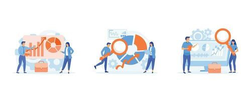 Concept of targeting strategy.Colleagues prepare presentation, Work with statistics and marketing research, project management,  set flat vector modern illustration