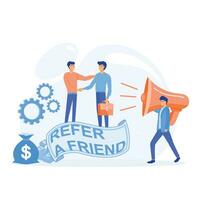 Refer A Friend Concept, People shout on megaphone with Refer a friend and get rewarded, flat vector modern illustration