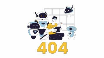 tige la robotique 404 Erreur animation. science La technologie ingénierie Erreur message gif, mouvement graphique. Masculin ingénieur avec des robots Animé dessin animé ligne personnage 4k vidéo isolé sur blanc Contexte video