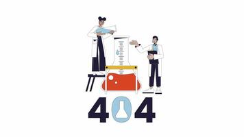 Lab technicians conduct chemical experiment 404 error animation. Error message gif, motion graphic. STEM students in laboratory animated cartoon line characters 4K video isolated on white background