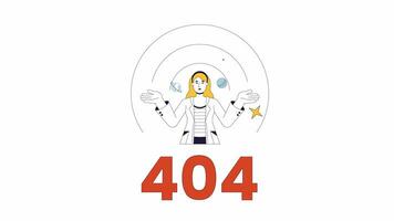 Rocket scientist presenting orbit planets 404 error animation. Rocket launch error message gif, motion graphic. Engineer cosmos animated cartoon line character 4K video isolated on white background