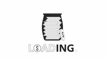 Saving coin jar bw loading animation. Money grow investment outline 2D cartoon concept 4K video loading motion graphic. Monetary growth. Stack of coins animated gif isolated on white background