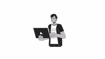 Indian young man holding laptop bw outline 2D character animation. Freelance monochrome linear cartoon 4K video. South asian male teleworker with notebook animated person isolated on white background video