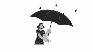 noir femme en portant parapluie dans pluie bw contour 2d personnage animation. foncé pluvieux journée. avril douche monochrome linéaire dessin animé 4k vidéo. l'automne pluie fille Animé la personne isolé sur blanc Contexte video