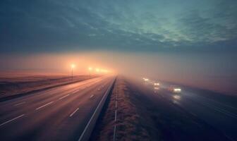 Classic night view of the road. Road, light,car, fields. City dark background. For banner, postcard, book illustrationCreated with tools photo