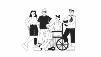 Young people with disabilities bw 2D animation. Diverse group 4K video motion graphic. Social rehab. Disabled adults friendship monochrome outline animated cartoon flat concept, white background