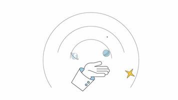 Hand präsentieren Solar- System Planeten Linie 2d Animation. Raum Erkundung 4k Video Bewegung Grafik. Planetarium Fall. Lehren Astronomie linear animiert Karikatur eben Konzept, Weiß Hintergrund