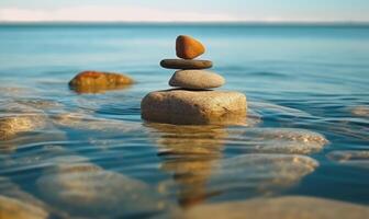 Stones balance. Pebbles pyramid on gray background. For banner, postcard, book illustration. Created with tools photo