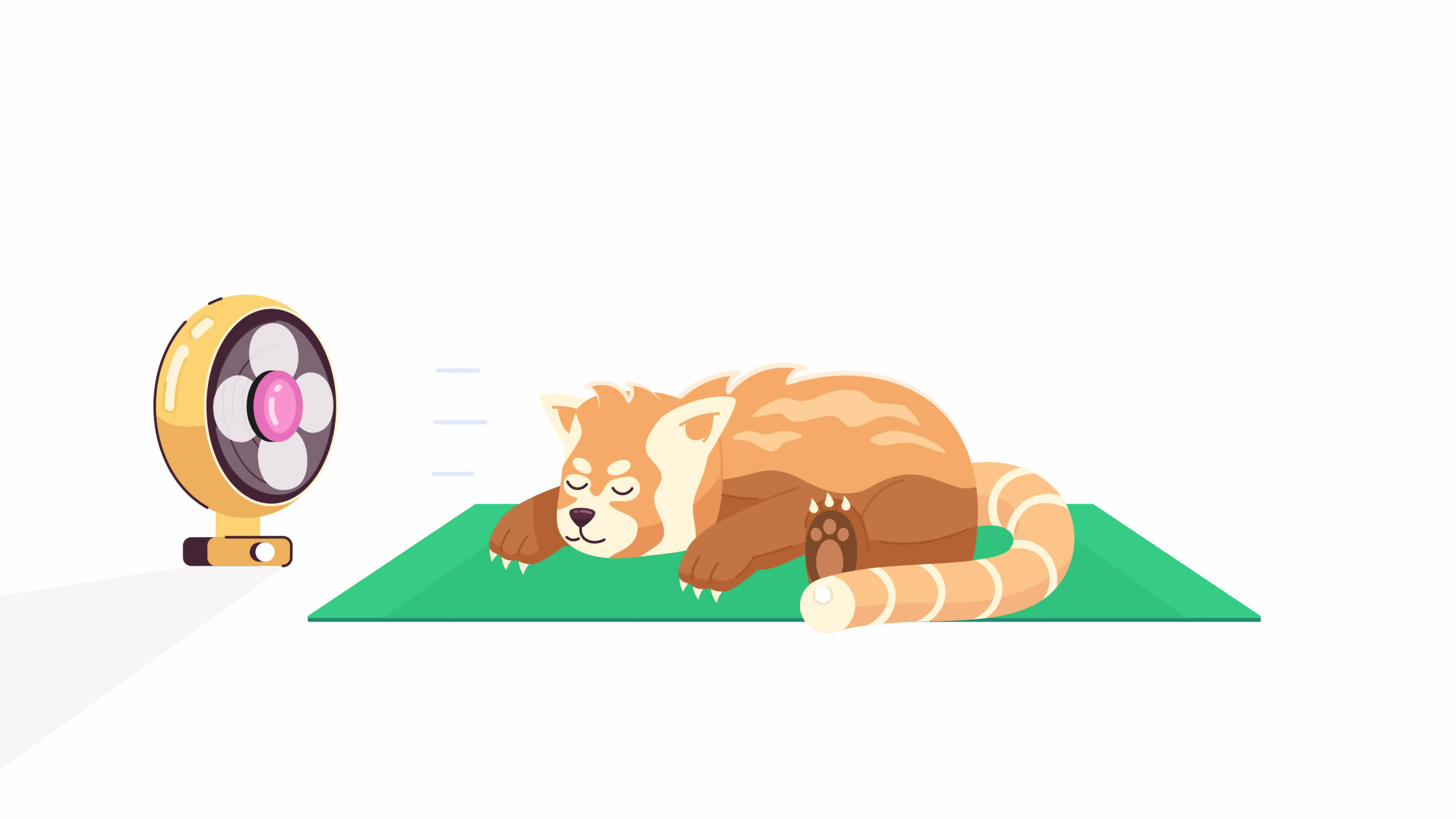Fan blowing on sleeping red panda 2D character animation. Wind blowing