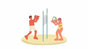 vänner spelar volleyboll på strand tecknad serie animation. sommar sport 4k video rörelse grafisk. människor i baddräkter spelar med boll över netto 2d Färg animerad tecken isolerat på vit bakgrund