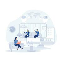 Worker using computer for collective virtual meeting and group video conference. Woman at desktop chatting with friends online, flat vector modern illustration