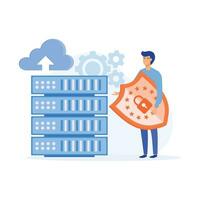 Concept of secured database, Man holding shield and server or hard disks,  flat vector modern illustration