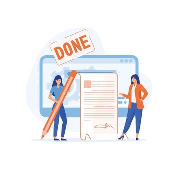 hipoteca proceso, personas comprando propiedad con hipoteca. firma contacto y legal documentos, plano vector moderno ilustración