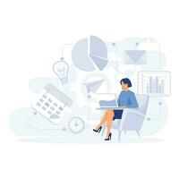 Business intelligence, businesswoman working with performance tools and software solutions, flat vector modern illustration