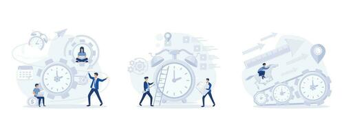 Time management, control, quick reaction awakening vector, Businessman run along gear in form of clock, set flat modern vector illustration