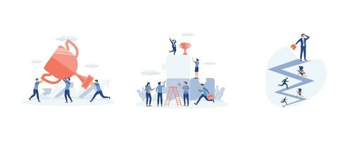 Success team concept, People working on their role with business woman cheering up by big gold trophy on the puzzle elements, Success, set flat vector modern illustration