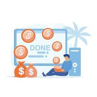 ganar dinero en línea, persona de libre dedicación haciendo dinero desde hogar, plano vector moderno ilustración