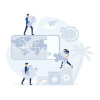 Team work, team building, corporate organization, partnership, problem solving, innovative business approach, brainstorming, people with puzzle pieces, flat vector modern illustration