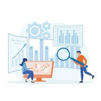 Data analysis for business finance investment concept with business people team working on monitor graph dashboard, flat vector modern illustration